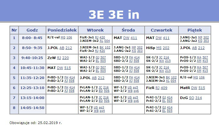 Plan Lekcji Klasy 3E